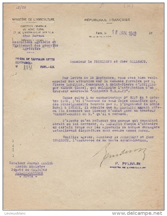 Tracteurs/Agriculture/Réponse Ministre De L´Agriculture à Demande D´intervention/PFIMLIN/1949   AC72 - Tractors