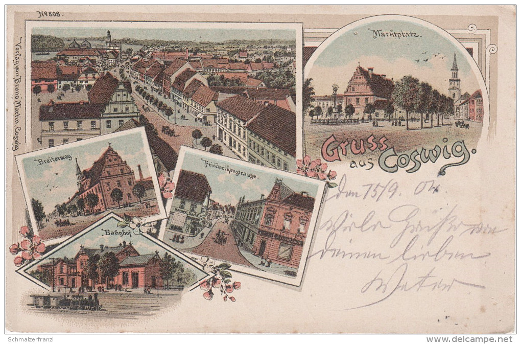 Litho AK Gruss Coswig Anhalt Stempel Marktplatz Bahnhof Zug Friederikenstrasse Breiterweg Bei Wittenberg Dessau Wörlitz - Coswig