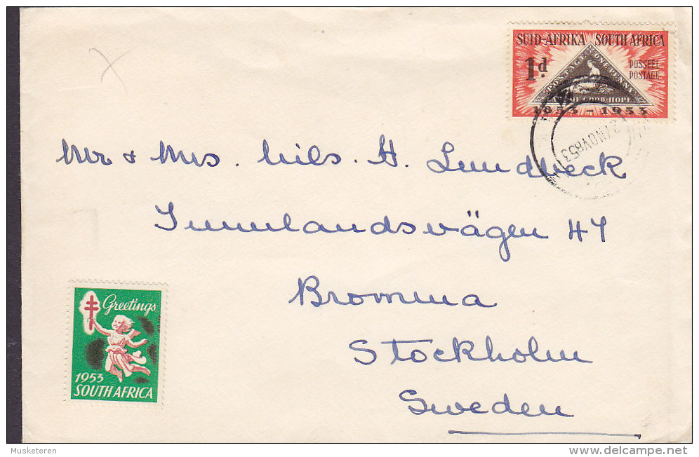 South Africa 1953 "Petite" Cover Brief To BROMMA Sweden Stamp On Stamp & Tuberkulose Tuberculosis Christmas Seal !! - Briefe U. Dokumente