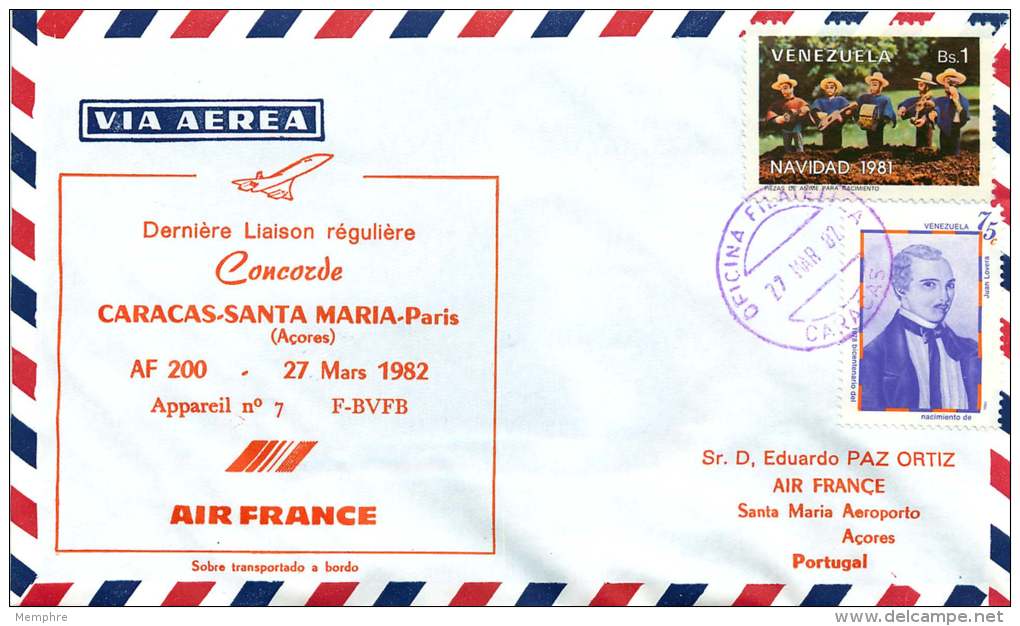 Air France   Dernière Liaison Régulière  Caracas - Santa Maria  27 Mars 1982 - Concorde