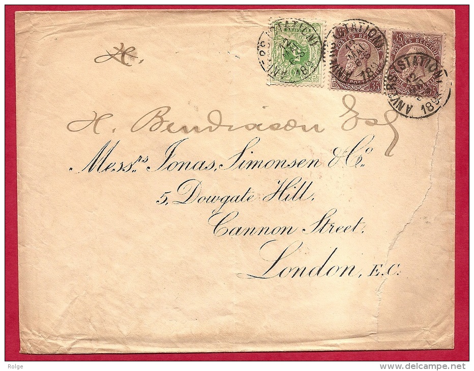XL-507   ANVERS STATION   Ocb 45+49+49 Op Brief Naar LONDON   Drievoudig Brieftarief (30à 45 Gram) Scheurtje In Brief - 1869-1883 Léopold II