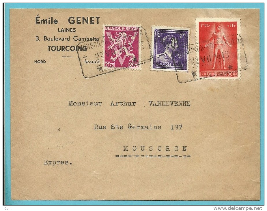 685+707+724O (-10%) Op Brief Per EXPRES Met Telegraafstempel MOUSCRON - MOESKROEN Op 22/07/1943 - 1946 -10%