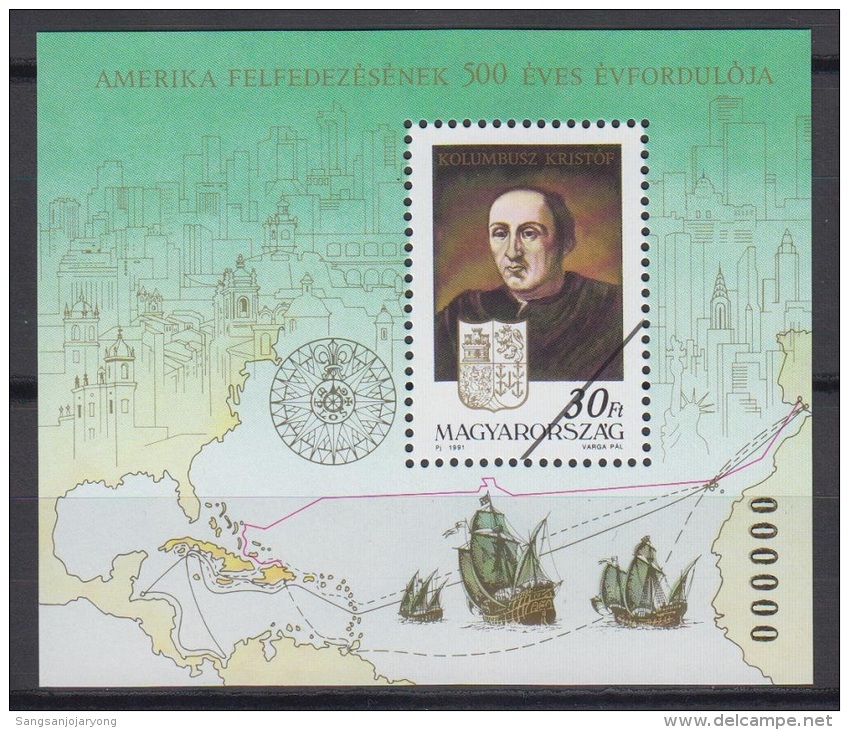 Specimen, Hungary Sc3319 Discovery America 500th Anniversary, Explorer Columbus - Christoffel Columbus