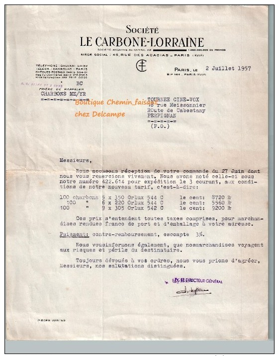 Document Du 02/07/1957 Sté LE CARBONE-LORRAINE Paris - 1950 - ...