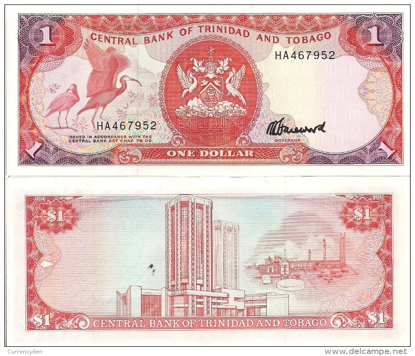 Trinidad-Tobago P36c, $1, Scarlet Ibis / Point Lisas, Tringen Oil Refinery, 1985 - Trinidad En Tobago