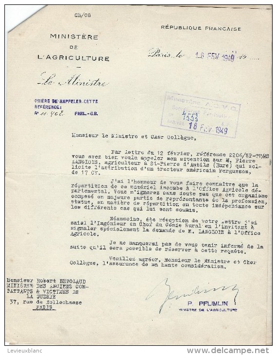 Ferguson/ Plan Marschall/Lettre D'intervention Ministres/Obtention D'un Tracteur/ BETOLAUD/PFIMLIN/1949     AC74 - Tractors