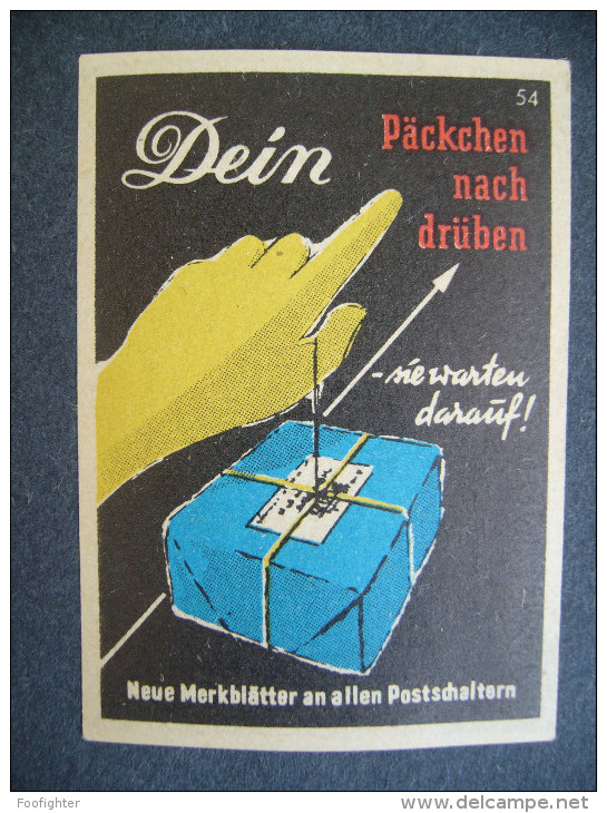 Germany: Old Matchbox Label - Dein Päckchen Nach Drüben - Sie Warten Darauf! Neue Merkblätter An Allen Postschaltern - Boites D'allumettes - Etiquettes