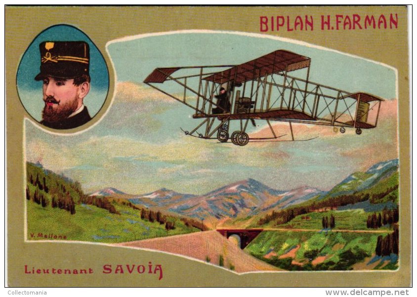 AVIATION   1 CP  Biplan H Farman  Illust V Mellone  Lieutenant Savoia   LITHO - ....-1914: Précurseurs