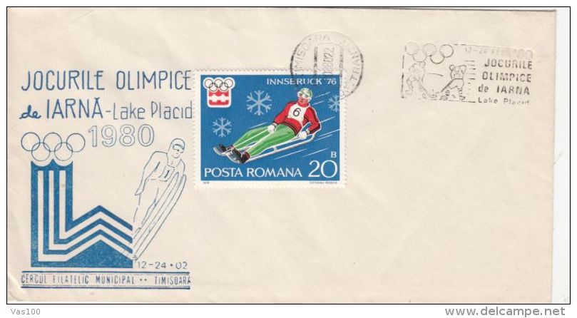 LAKE PLACID'80 WINTER OLYMPIC GAMES, SKI, SLEIGH, SPECIAL COVER, 1980, ROMANIA - Hiver 1980: Lake Placid