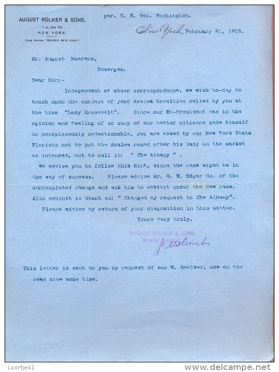 Factuur Brief Lettre August Rolker & Sons New York - 1913 - Stati Uniti