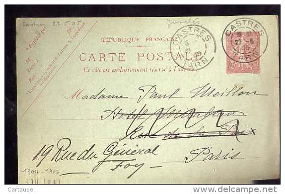 ENTIER  POSTAL  DE  CASTRES  AVEC  PHOTO  COLLEE  AU  VERSO  PARTIE  EN  1905 - Cartoline Postali E Su Commissione Privata TSC (ante 1995)