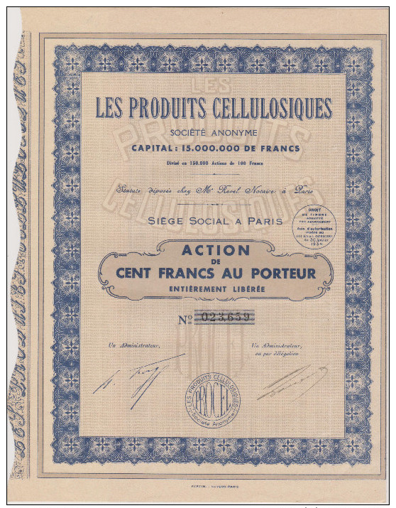 Les Produits Cellulosiques - Action De 500 Fr  -1934 - P - R