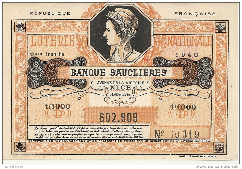 NICE . BANQUE SAUCLIERES - Lottery Tickets