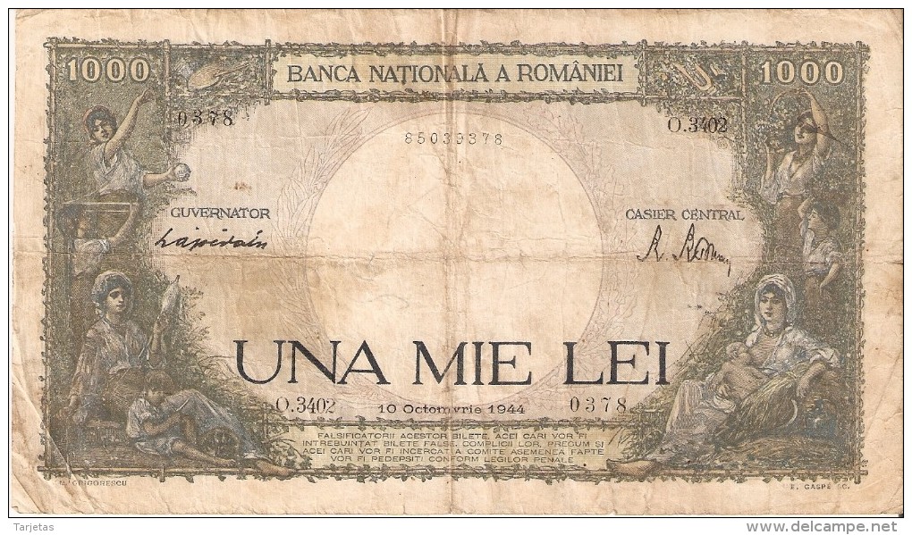 BILLETE DE RUMANIA DE 1000 LEI DEL AÑO 1944 (BANK NOTE) - Rumania