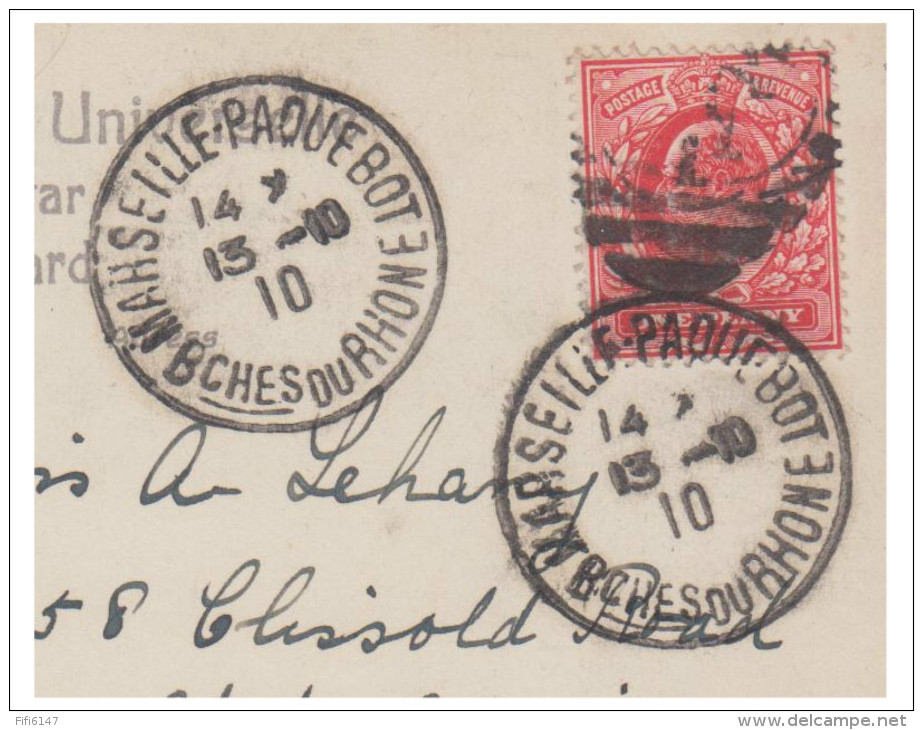 MAR29 ### POSTE MARITIME ### CP DE GIBRALTAR POUR LONDRES ### TRANSIT PAR MARSEILLE ### 1910 - Schiffspost