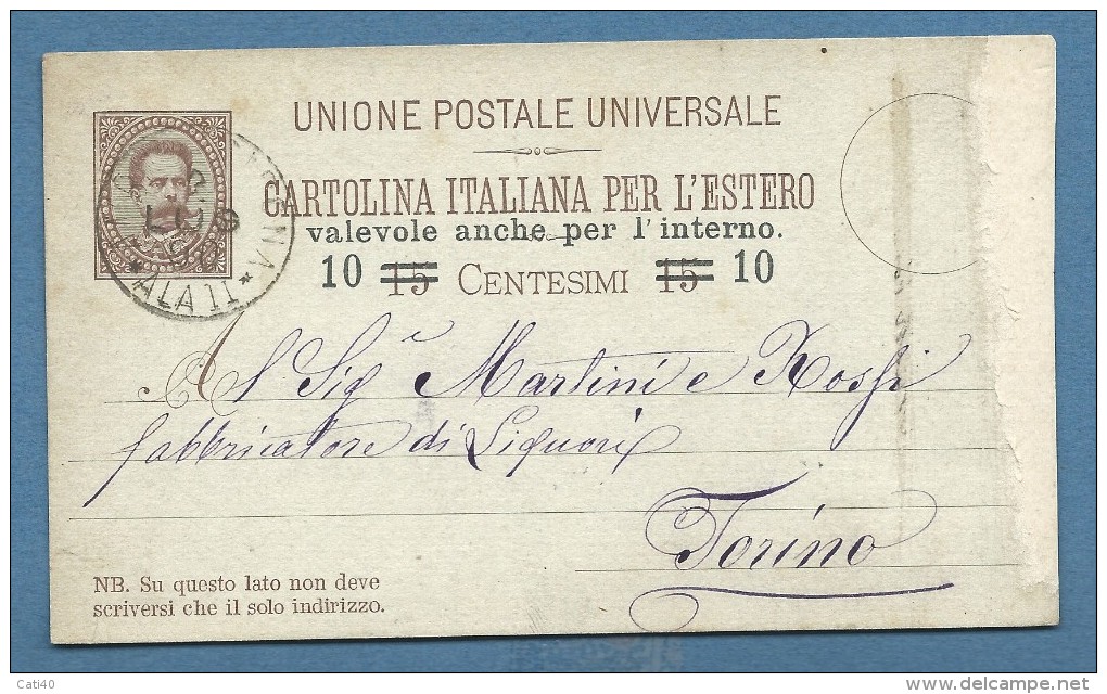 1890 - AMBULANTE  BOLOGNA - ALA II   SU INTERO POSTALE  SOPRASTAMPATO 10/15 - Storia Postale