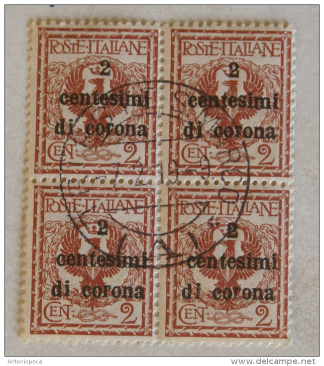 ITALIA REGNO - 1919 TRENTO E TRIESTE QUARTINA USATA FRANCOBOLLI D´ITALIA 1901 2 CENT DI CORONA - Trente & Trieste