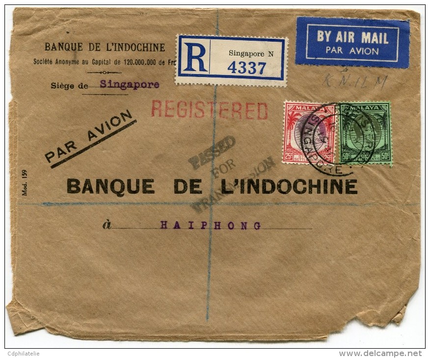 LETTRE RECOMMANDEE PAR AVION DE LA BANQUE DE L'INDOCHINE AGENCE DE SINGAPORE POUR L'AGENCE D' HAIPHONG - Singapore (...-1959)