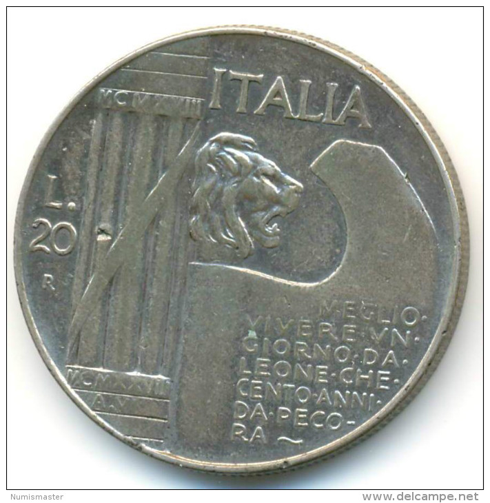 ITALY , 20 LIRE 1928 , ELMETTO - 1900-1946 : Victor Emmanuel III & Umberto II