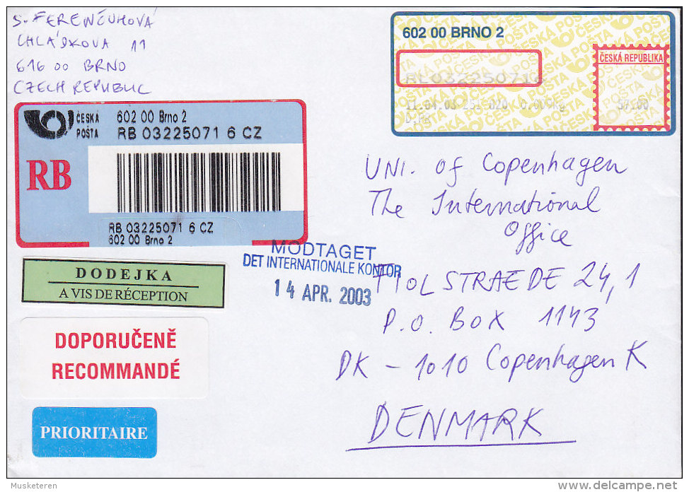 Czech Republic Registered Recommandé & Prioritaire Labels BRNO 2003 Cover Brief To Denmark A VIS DE RÉCEPTION Label - Brieven En Documenten