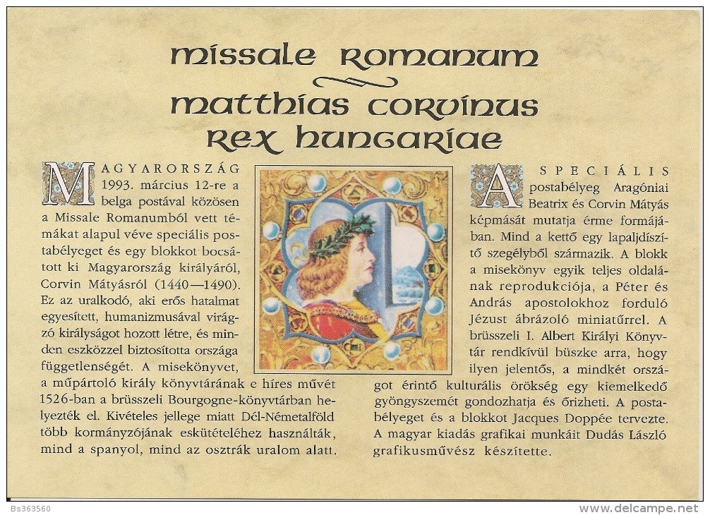 Carte-souvenir Hongroise De L´émission Commune Avec La Belgique - Missale Romanum - 2492HK - Commemorative Sheets