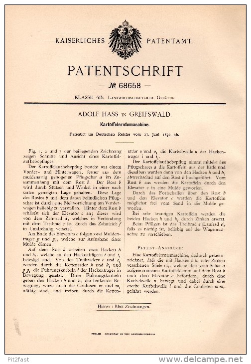Original Patentschrift - Albert Hass In Greifswald I. Mecklenburg ,1892, Kartoffelerntemaschine , Landwirtschaft , Agrar - Tools