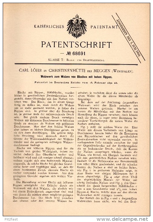 Original Patentschrift - Carl Löhr In Christinenhütte B. Meggen / Lennestadt , 1892 , Walzwerk Für Blech , Maschinenbau - Máquinas