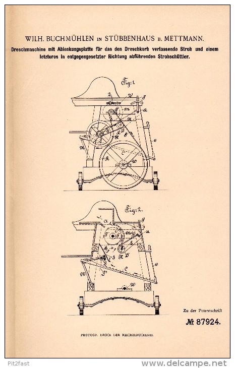 Original Patentschrift - W. Buchmühlen In Stübbenhaus B. Mettmann , 1896 , Dreschmaschine , Landwirtschaft , Agrar !!! - Maschinen