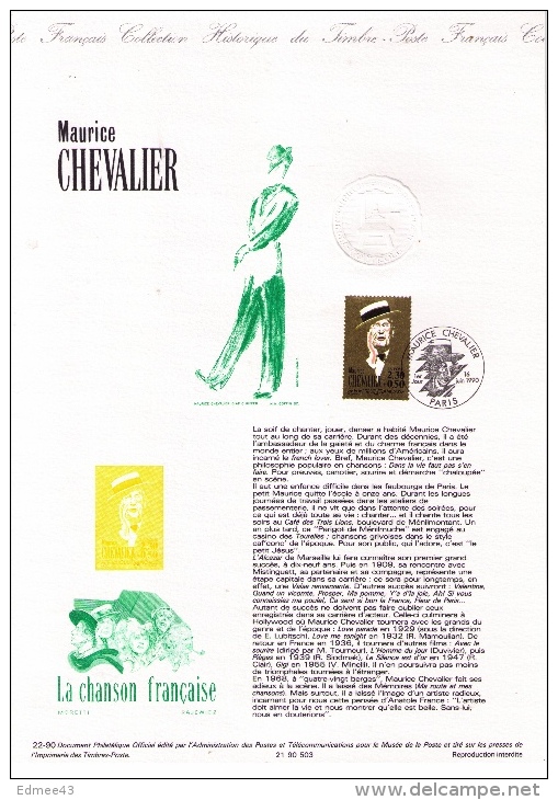 Beau Document Philatélique Officiel Premier Jour France, Maurice Chevalier, Chanson, 1990 - Chanteurs