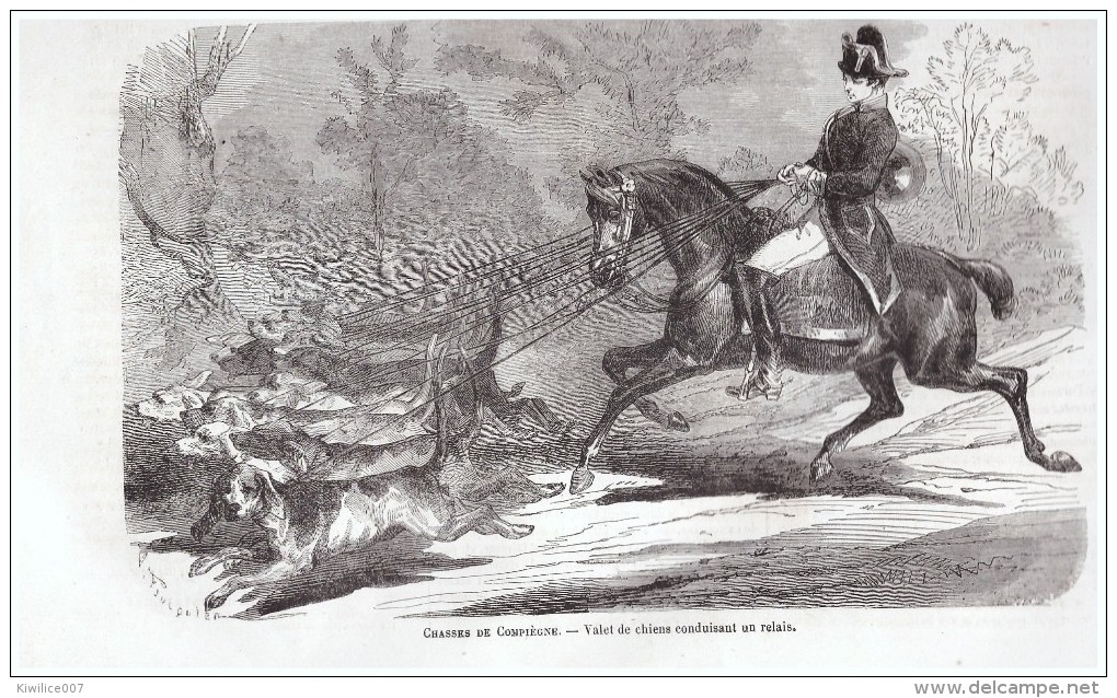 Gravure Ancienne 1864 Chasses De Compiegne  Valet  De Chiens  Conduisant Un Relais    Chasse Hunting Chien - Non Classés