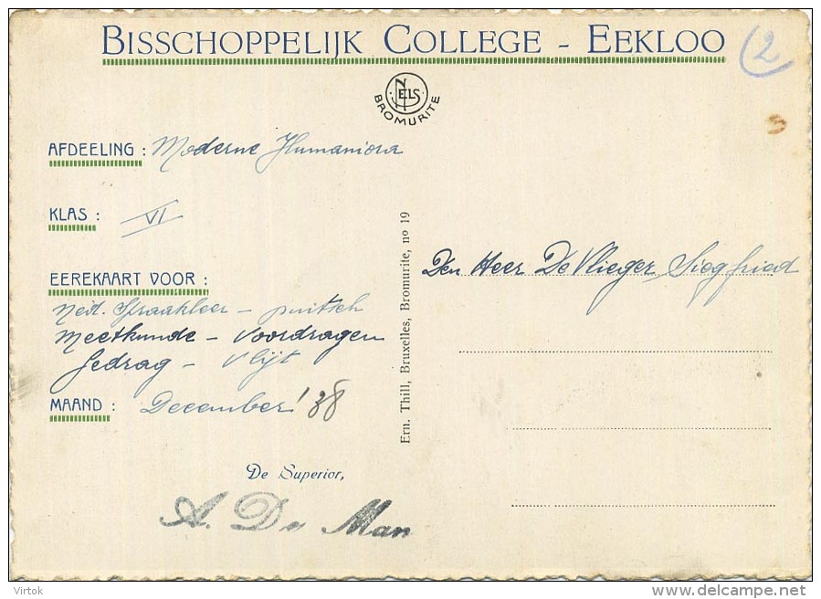 Eeklo : Bisschoppelijk College   (  Eere Kaart )  Verso Gent  (  Groot Formaat ) - Eeklo