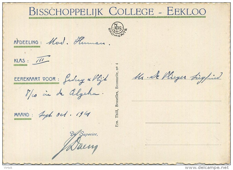 Eeklo : Bisschoppelijk College   (  Eere Kaart )  Verso Gent  (  Groot Formaat ) - Eeklo