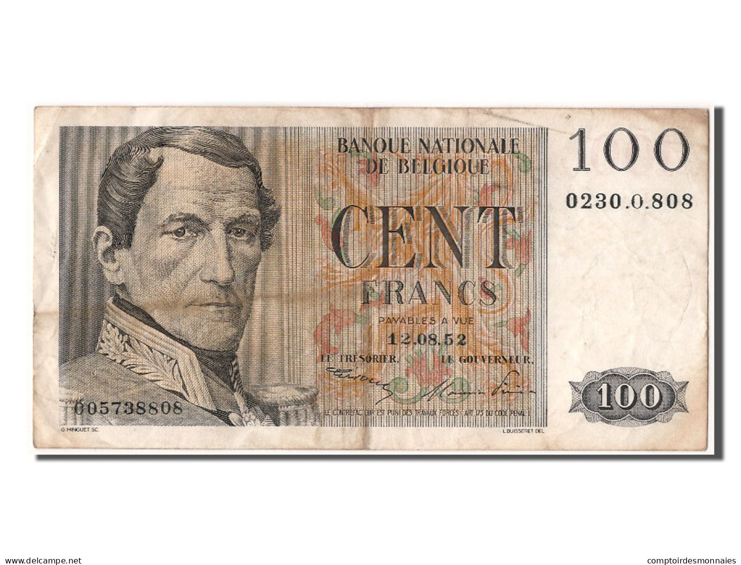 Billet, Belgique, 100 Francs, 1952, 1952-08-12, TTB - 100 Francos