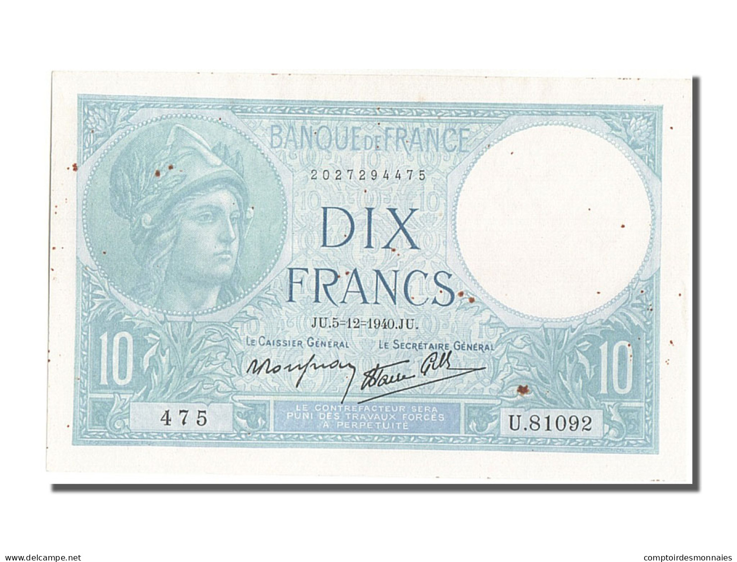 Billet, France, 10 Francs, 10 F 1916-1942 ''Minerve'', 1940, 1940-12-05, SUP - 10 F 1916-1942 ''Minerve''