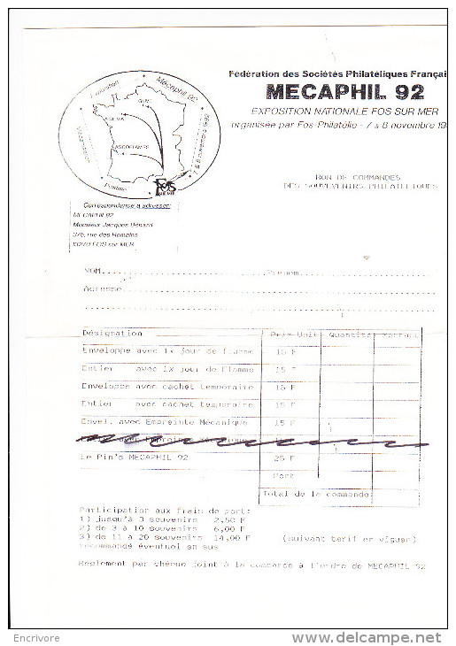 2 Enveloppes MECAPHIL 92 Mecanisation Postale Et Philatelique Fos Sur Mer + Bon De Commande - Cachets Commémoratifs