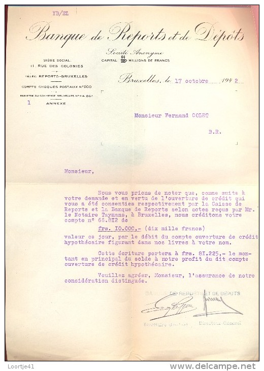Factuur Brief Lettre Banque De Reports Et De Dépots - Bruxelles 1942 - 1900 – 1949
