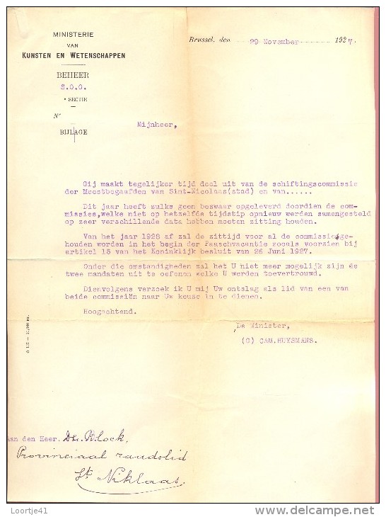 Factuur Brief Lettre Ministerie Kunsten En Wetenschappen - Brussel - Sint-Niklaas 1927 - 1900 – 1949