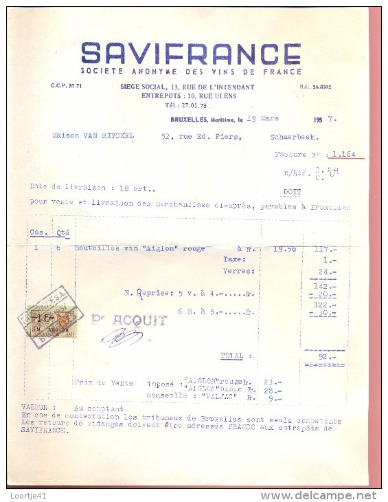 Factuur Brief Lettre Savifrance Vins De France - Bruxelles 1957 - 1950 - ...