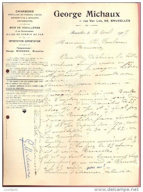 Factuur Brief Lettre - Charbons George Michaux  - Bruxelles 1907 - 1900 – 1949