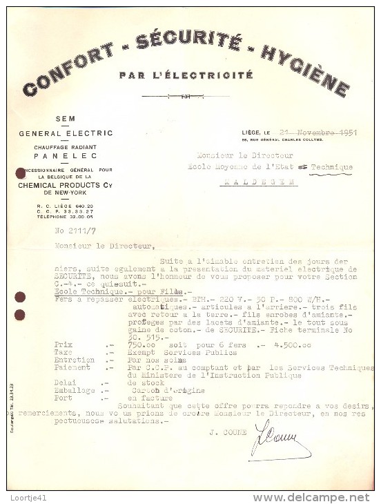 Factuur Brief Lettre - Confort Sécurité Hygiène - Sem électric - Liège 1951 - 1950 - ...