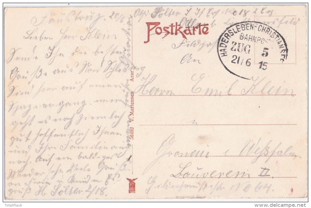 CHRISTIANSFELD Feldpost Bahnpost Stempel HADERSLEBEN CHRISTIANSFELD ZUG 5 Gelaufen 21.6.1915 - Nordschleswig