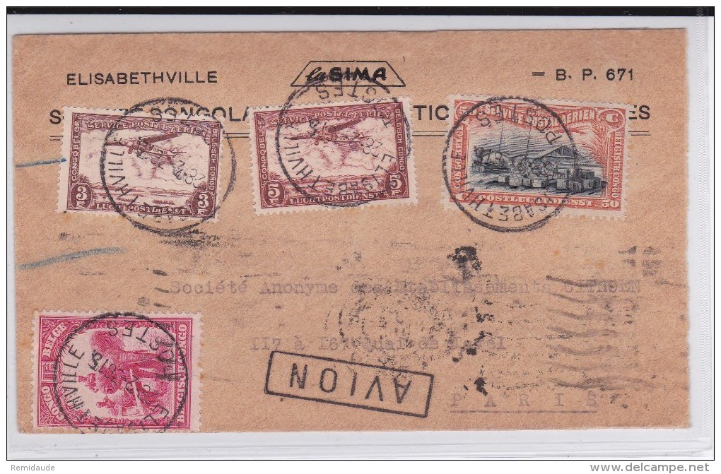 1936 - CONGO BELGE - ENVELOPPE Par AVION De ELISABETHVILLE Pour PARIS - Lettres & Documents