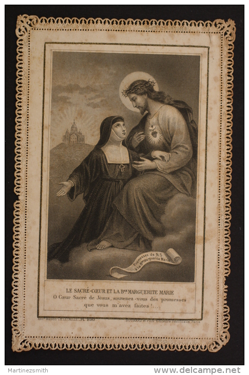 Antique Paper Lace Holy Card - Jesus And The Sacred Heart - Made By Boumard - Imágenes Religiosas