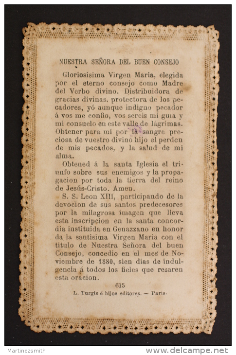 Antique Paper Lace Holy Card - Our Lady Of Good Counsel - Made By L. Turgis - Imágenes Religiosas