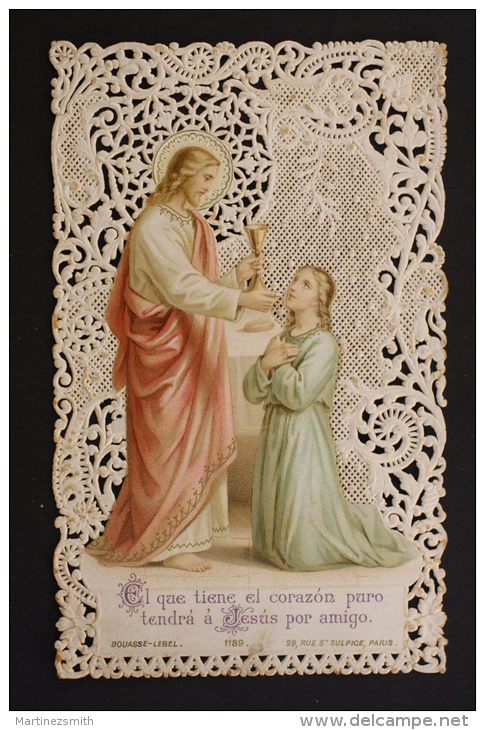 Antique Paper Lace Holy Card - Jesus And A Child - By Bouasse Lebel, Paris - Devotieprenten