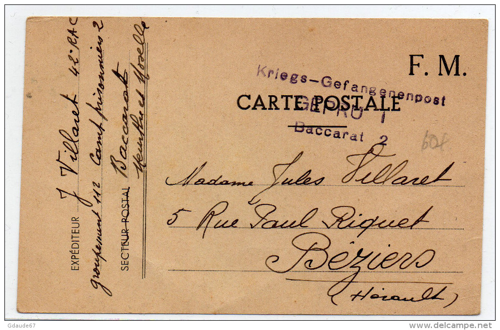 1940 - CP FM Avec RARE CACHET Du CAMP DE PRISONNIERS DE GUERRE FRANCAIS à BACCARAT (MEURTHE ET MOSELLE) Pour BEZIERS - Covers & Documents