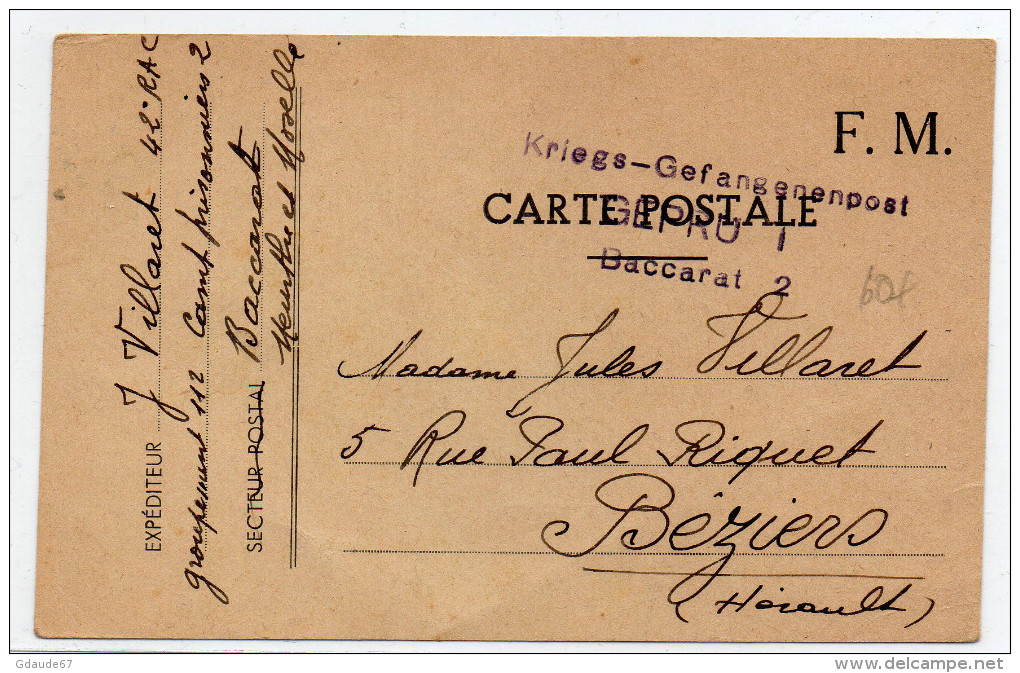 1940 - CP FM Avec RARE CACHET Du CAMP DE PRISONNIERS DE GUERRE FRANCAIS à BACCARAT (MEURTHE ET MOSELLE) Pour BEZIERS - Lettres & Documents