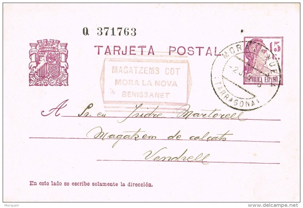 7558. Entero Postal MORA La NUEVA (Tarragona) 1936 - 1931-....