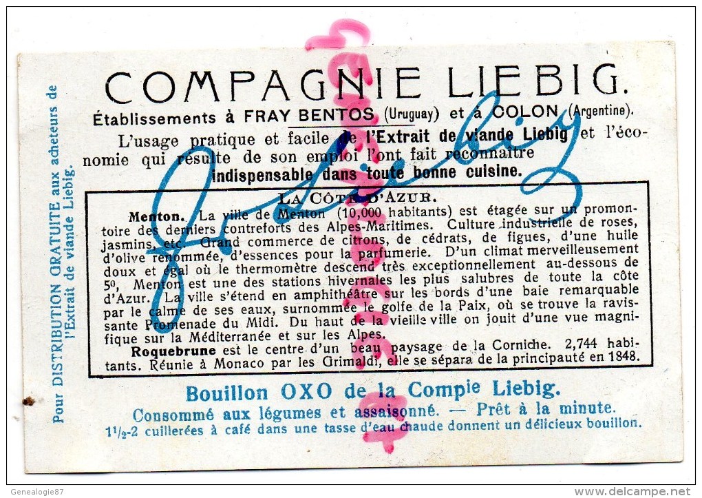 CHROMO LIEBIG - LA COTE D' AZUR- MENTON- ROQUEBRUNE- FRAY BENTOS-URUGUAY-COLON ARGENTINE - Liebig