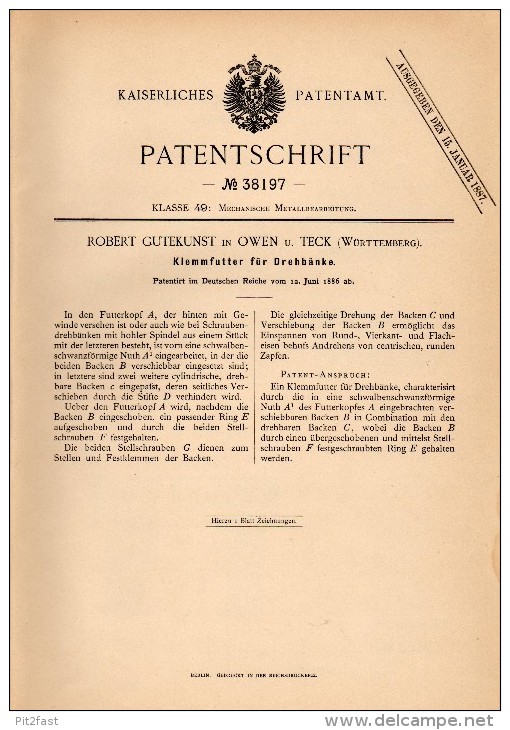 Original Patentschrift - Robert Gutekunst In Owen U. Teck , 1886 , Klemmfutter Für Drehbank , Dreherei , Tischlerei !!! - Historische Dokumente